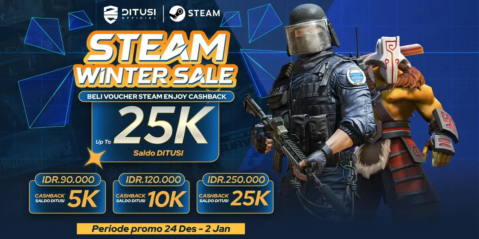 STEAM WINTER SALE - Beli voucher steam enjoy cashback up to 25k SALDO DITUSI